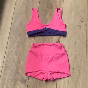Hot Pink Two-Piece Dance Set with Blue Trim